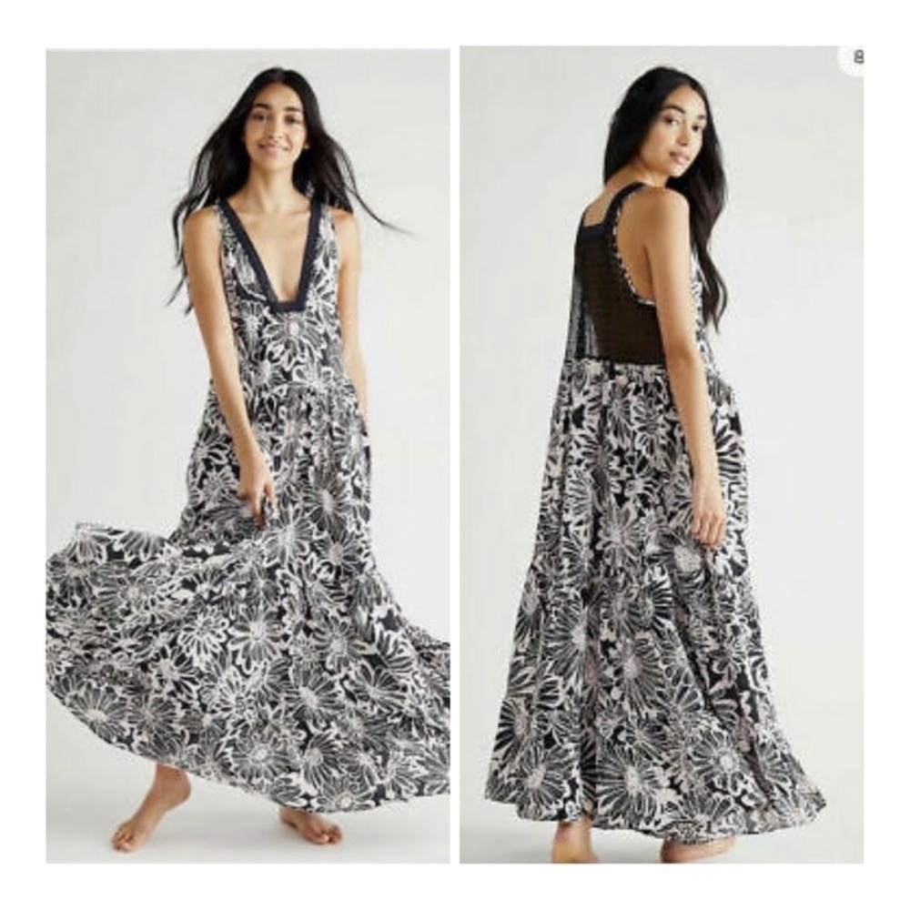 Free People Tiers For You Maxi Dress XS Washed Black Combo Boho Lace - Picture 5 of 13